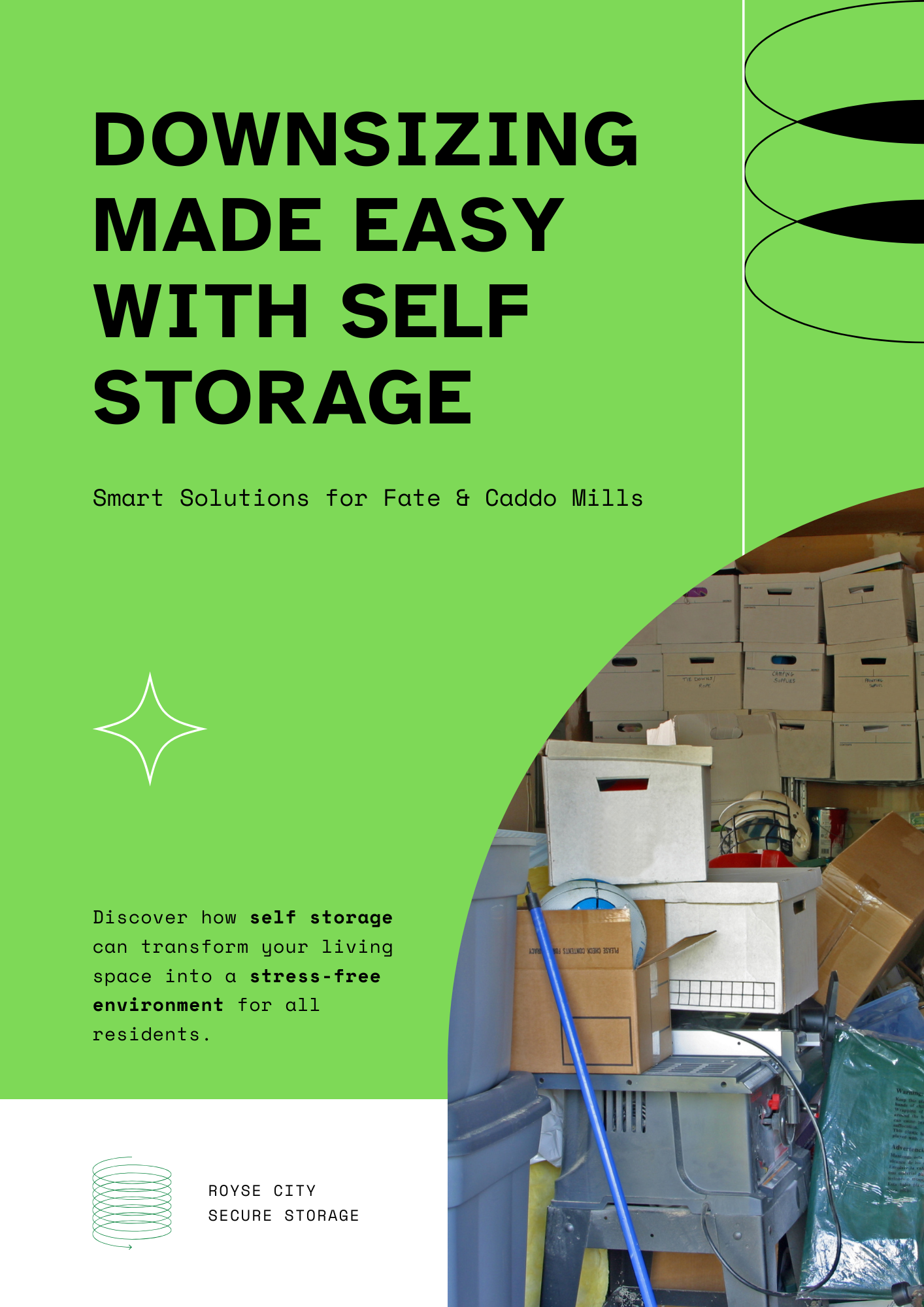 Downsizing made easy with self storage – promotional graphic for Royse City Secure Storage highlighting smart solutions for Fate and Caddo Mills residents, featuring boxes and cluttered garage items.